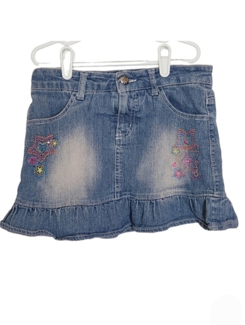 K1244 * Blue Heart Girls Star Embroidered Denim Mini Skirt Size 10